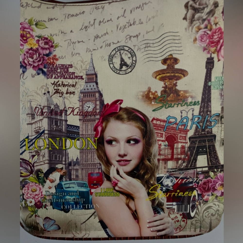 Starriness, London purse with script and girl, 3 zipper pockets, long strap - Picture 2 of 10